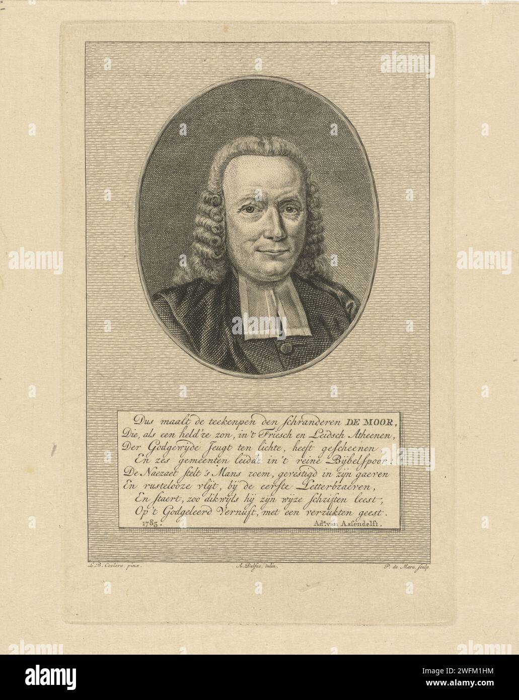 Portrait de Bernard de Moor, Pieter de Mare, d'après Abraham Delfos, d'après Louis Bernard Coclers, tirage 1783 Portrait du pasteur Bernard de Moor. Gravure / gravure sur papier Leiden Banque D'Images