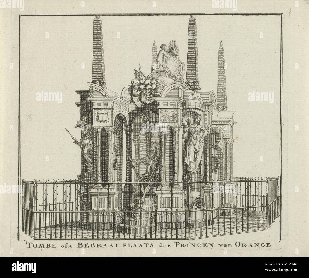 Graftombe de Willem I, Prince d'Orange, 1623, Anonyme, 1700 - 1799 tirage Graftombe ou Praalgraf de Willem I dans la Nieuwe Kerk à Delft, achevé en 1623. Vu de face avec l'image du prince assis. Bas pays gravure papier construction de tombes, tombe monumentale. intérieur de l'église. Personnes historiques Nouvelle église. Delft Banque D'Images