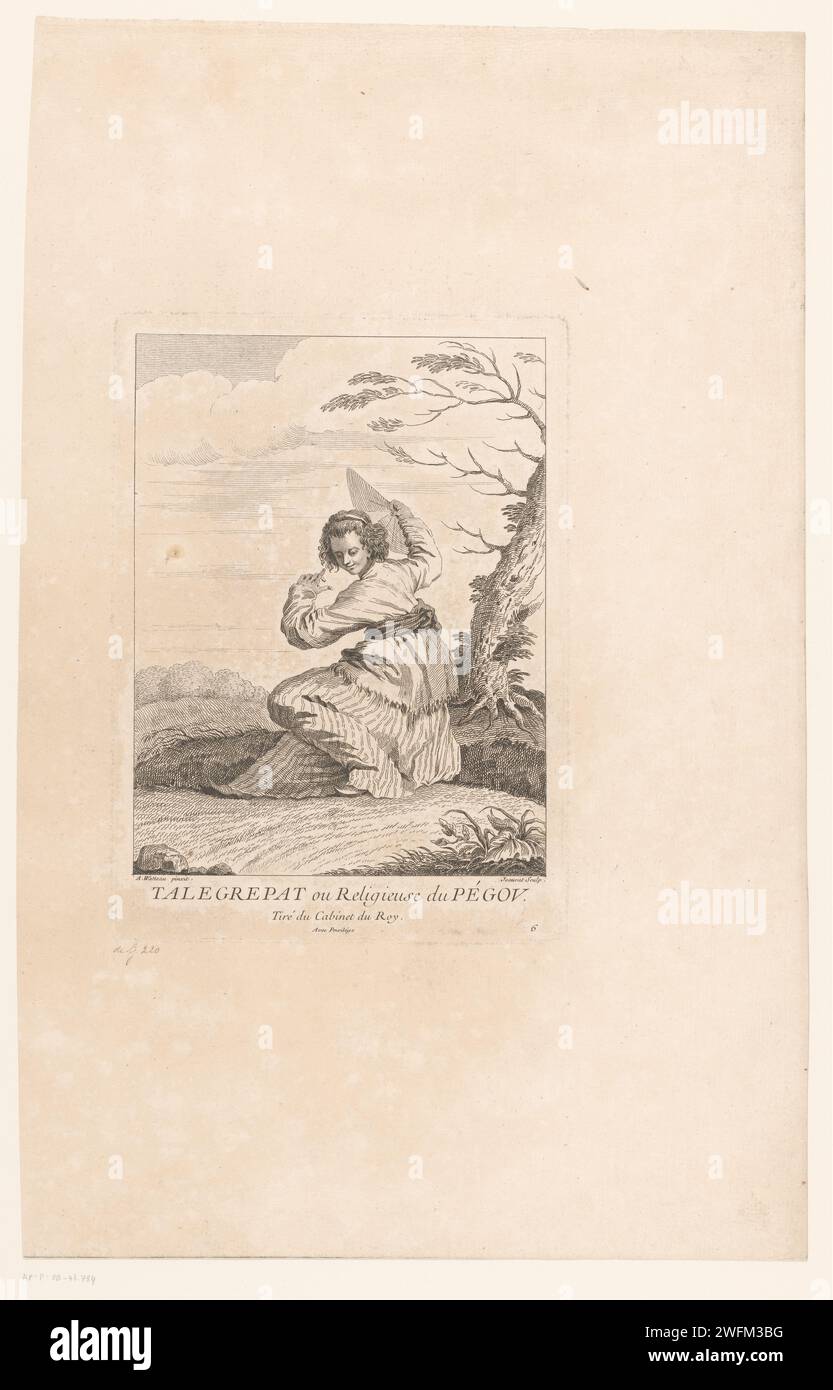 Femme avec éventail dans un paysage, Edme Jeaurat, d'après Jean Antoine Watteau, 1731 print France papier gravure / gravure chinois (+ costume) Banque D'Images