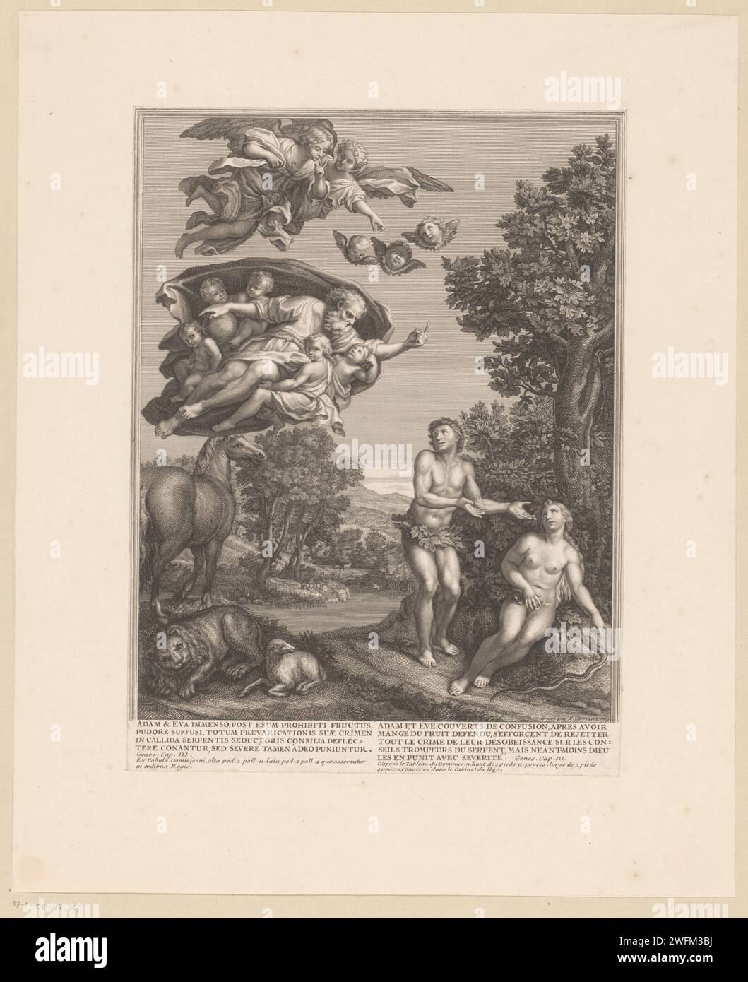 Pamper d'Adam et Eva du Paradis, François Chéreau (I), d'après Domenichino, 1709 print France gravure sur papier / gravure expulsion d'Adam et Ève du Paradis (Genèse 3:22-24). Bêtes de proie, animaux prédateurs : lion - FF - animaux fabuleux (parfois appelés à tort 'grotesques') ; 'Mostri' (Ripa). cheval. mouton Banque D'Images