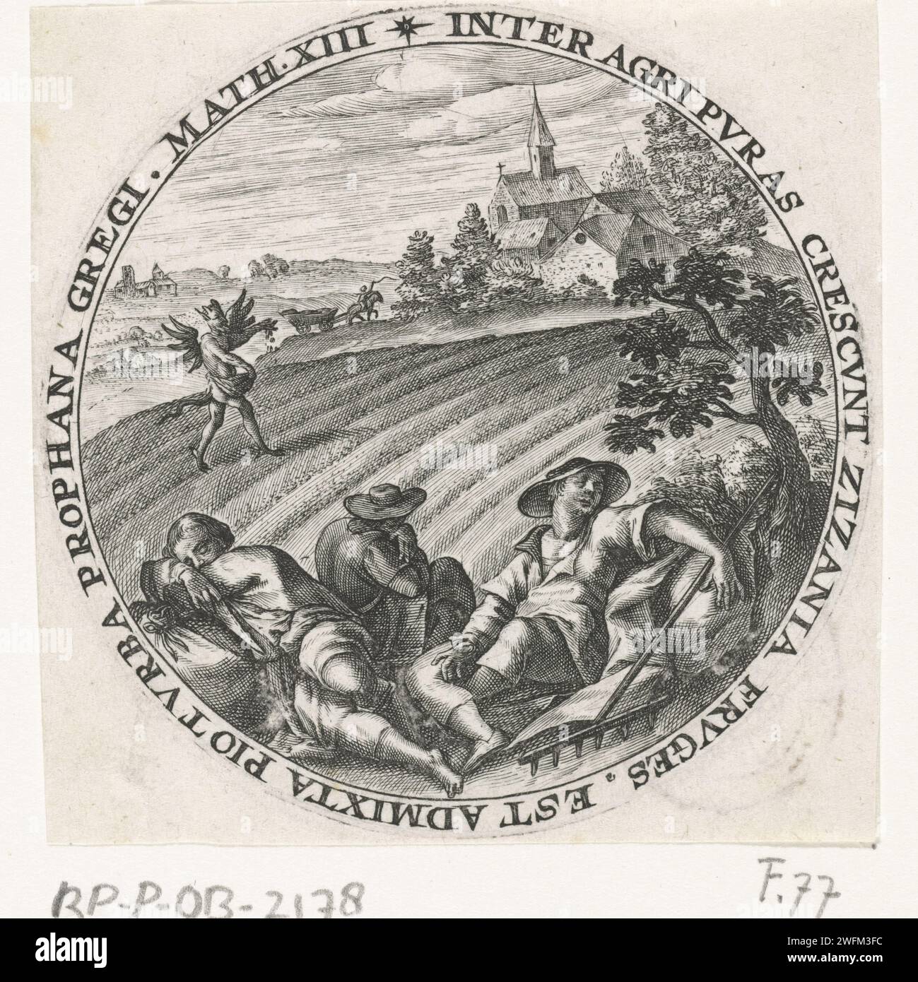 Parabole du diable qui sème les mauvaises herbes entre les grains, Crispijn van de passe (I), 1604 print pendant que les gens dorment dans leur champ, le diable sème les mauvaises herbes entre les grains (Matthieu 10 ; 24-29). Le spectacle est pris dans un cadre rond avec un script de bordure en latin. Impression à partir d'une série avec des similitudes de Christ. Gravure sur papier de Cologne pendant que le semeur et ses serviteurs dormaient, son ennemi (le Diable) semait de l'ivraie parmi le blé Banque D'Images