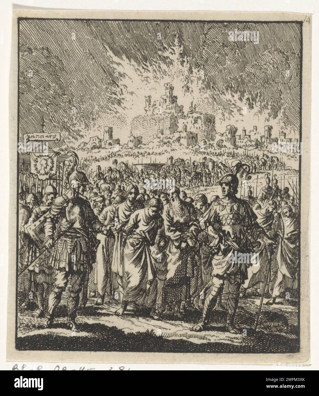 Israélites quittent la Jérusalem brûlante, Jan Luyken, 1706 imprimer Amsterdam paper graving the Fall of Jerusalem  Story of Zedekiah Banque D'Images