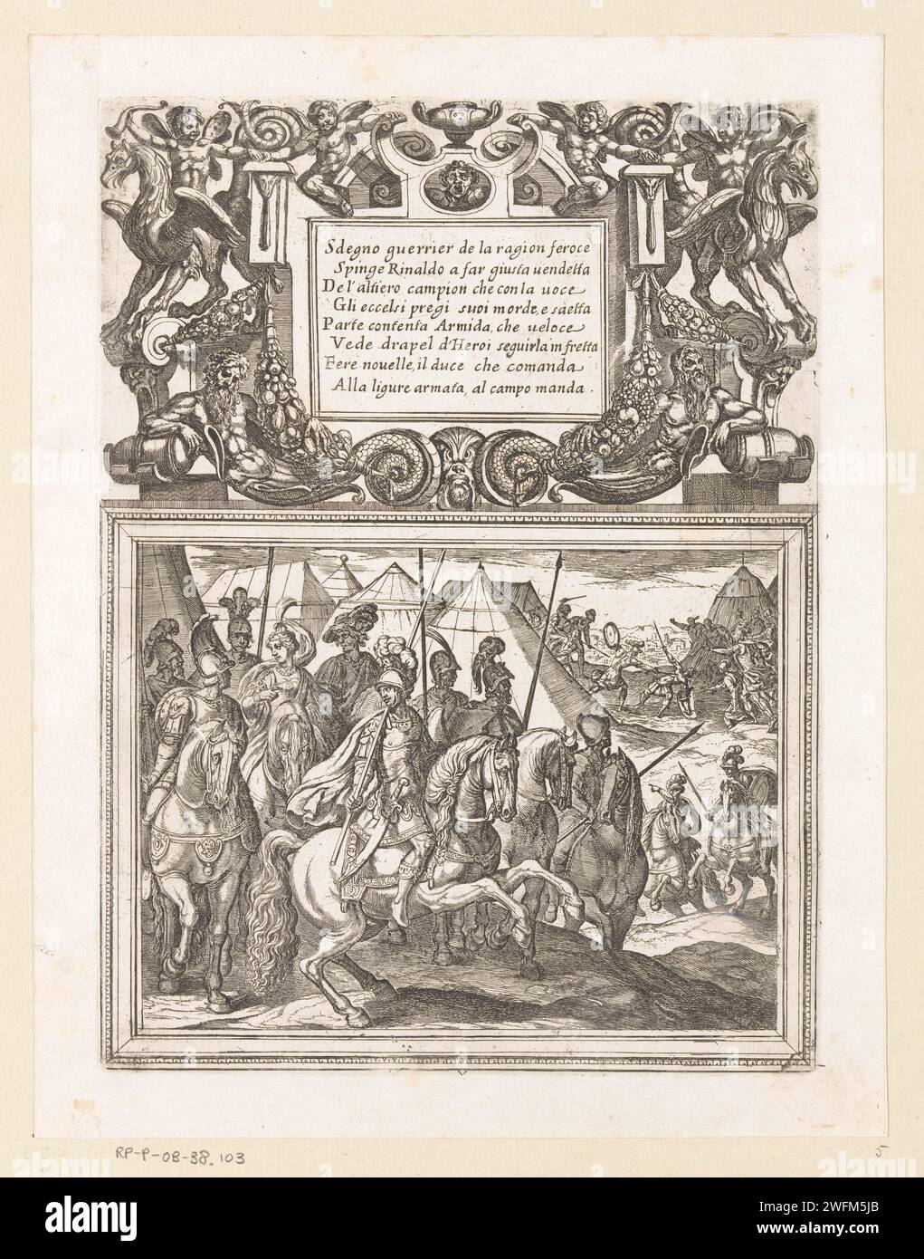 Illustration au Canto V de 'Gerusalemme Liberata' de Tasso, Antonio Tempesta, 1565 - 1630 print cadre décoratif ornemental avec une surface avec huit vers italiens au sommet. En bas d'une représentation au Canto V de 'Gerusalemme Liberata' de Tasso. Armida entre dix chevaliers à cheval. Un camp de tentes en arrière-plan. Italie gravure sur papier (scènes de) œuvres littéraires spécifiques : Tasso, Gerusalemme Liberata. knight. prosélytisme militant : guerre religieuse, croisade, etc. ornements  art. ornement  cartouche Banque D'Images