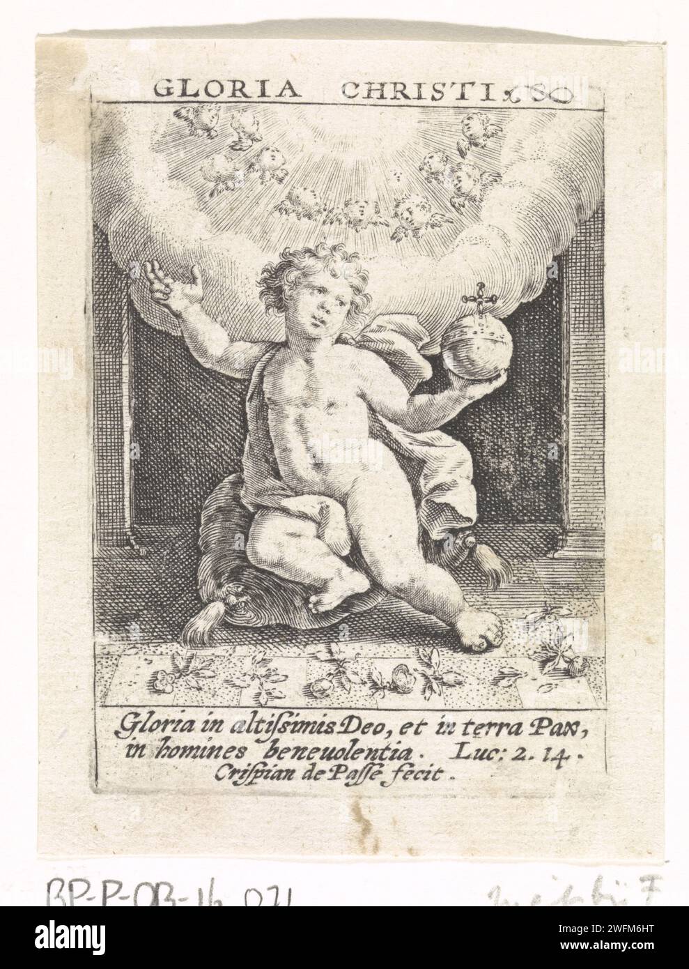 Christkind, Crispijn van de passe (I), 1574 - 1637 imprimer l'enfant Christ, assis sur un oreiller, fleurs sur ses pieds. Au ciel au-dessus de lui un cercle de chérubins. Dans la marge, une citation de Luc dans les deux sens de la Bible. 2:14 en latin. Gravure sur papier inconnue Christ-enfant (avec attributs) Banque D'Images