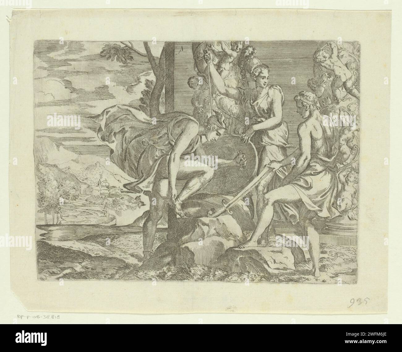 Minerva en Mercurius bewapenn Perseus, Battista coin de Moro (peut-être), d'après Francesco Primaticcio, c. 1525 - après 1573 imprimer Minerva et Mercurius armure Persée avant qu'il combatte Méduse. Persée porte un casque ailé et attache des sandales ailées à ses pieds. Les dieux lui donnent un bouclier et une épée. Italie papier gravure du bras des dieux Persée ; de Minerve, Mercure et / ou d'autres dieux, il obtient un bouclier (ou miroir), une faux (ou poignard), un casque, des sandales ailées, et un portefeuille. vue sur la ville et paysage avec constructions artificielles Banque D'Images