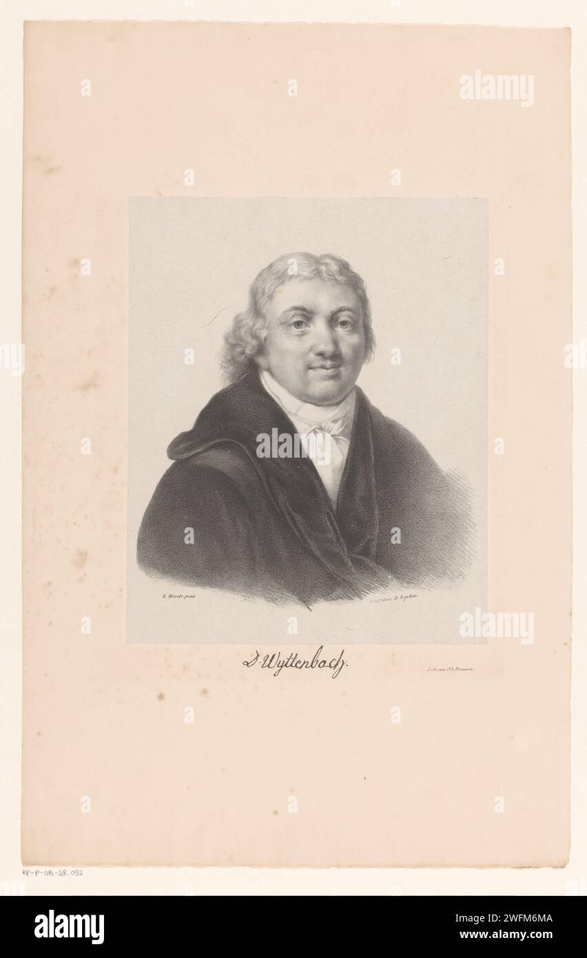 Portrait de Daniël Wyttenbach, Jean Augustin Daiwaille, d'après Louis Moritz, 1809 - 1850 estampe la personne représentée porte une cape noire. Imprimeur : Amsterdamafter painting by : Netherlandsprinter : Amsterdam paper. personnages historiques (+ portrait buste (complet)) Banque D'Images