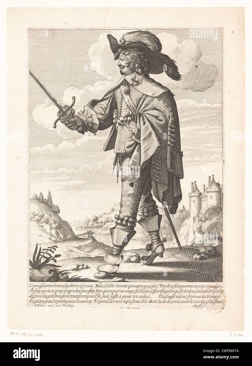 Soldat français dans un paysage, Abraham bosse, 1635 estampe noble français avec une épée levée dans la main droite, debout devant un paysage avec château en arrière-plan. Il est habillé selon la mode française de 1635-1640. gravure de papier / gravure cou-gear : collier. bottes. casque : chapeau (+ vêtements pour hommes) Banque D'Images