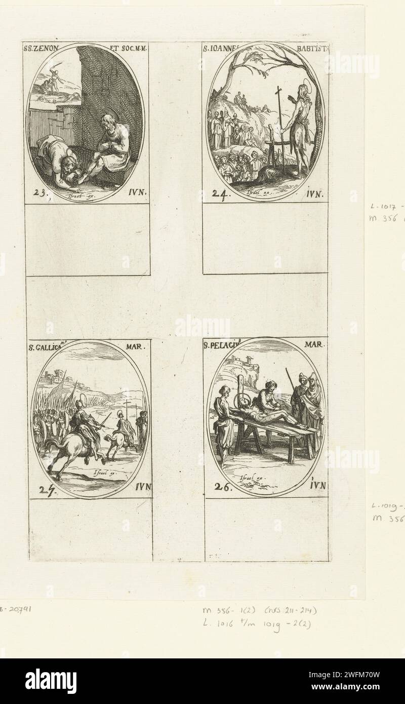 Zénon sacré et Gezellen, Saint Jean-Baptiste, Saint Gallicanus van Rome, Saint Pélagius de Cordoue (23-26 juin), Jacques Callot, 1632 - 1636 imprimer feuille avec quatre représentations ovales, chacune avec inscription et date en latin: en haut à gauche de Saint Zénon et un autre saint dans une prison, en haut à droite Jean le Baptiste qui prêche à une foule, en dessous du Saint Gallicanus comme chef de l'armée à cheval, en dessous du Saint Pélagius de Cordoue sur un rack. Cette estampe fait partie d'une série d'estampes avec des représentations des saints et des fêtes chrétiennes de l'année. Quatre scènes d'une assiette sont toujours Banque D'Images Zénon sacré et Gezellen, Saint Jean-Baptiste, Saint Gallicanus van Rome, Saint Pélagius de Cordoue (23-26 juin), Jacques Callot, 1632 - 1636 imprimer feuille avec quatre représentations ovales, chacune avec inscription et date en latin: en haut à gauche de Saint Zénon et un autre saint dans une prison, en haut à droite Jean le Baptiste qui prêche à une foule, en dessous du Saint Gallicanus comme chef de l'armée à cheval, en dessous du Saint Pélagius de Cordoue sur un rack. Cette estampe fait partie d'une série d'estampes avec des représentations des saints et des fêtes chrétiennes de l'année. Quatre scènes d'une assiette sont toujours Banque D'Images