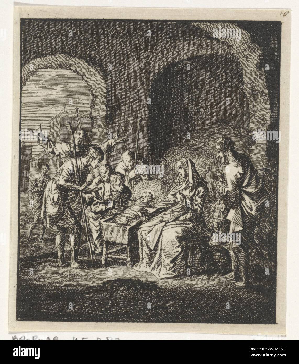 Adoration des bergers, Jan Luyken, 1706 impression papier Amsterdam gravure adoration du Christ-enfant par les bergers ; Marie et Joseph présents Banque D'Images