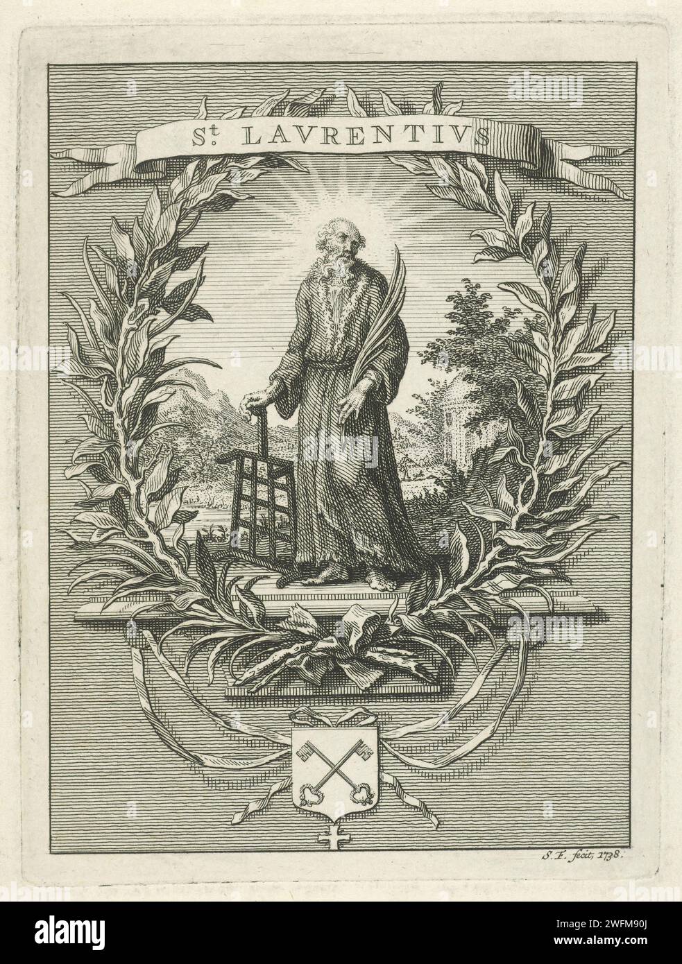 H. Laurentius, Simon Fokke, 1738 print Saint Laurentius tient une branche de palmier dans sa main sur une grille. L'image est entourée d'une couronne de Laurier. Sous la couronne pend une arme avec deux clés croisées. Amsterdam paper gravure du martyr et diacre Laurence de Rome ; attributs possibles : livre, censer, croix, dalmatique, gridiron, palmier, sac à main (ou tasse avec des pièces d'or) Banque D'Images