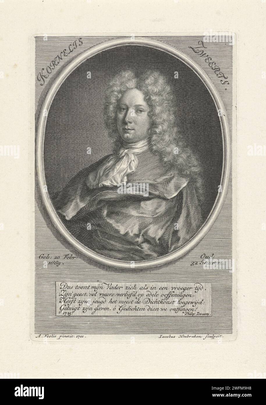 Portrait de Cornelis Sweerts, Jacob Houbraken, d'après Adriaen Foly, 1725 tirage Portrait du poète Cornelis Sweerts. Amsterdam gravure sur papier / gravure Banque D'Images