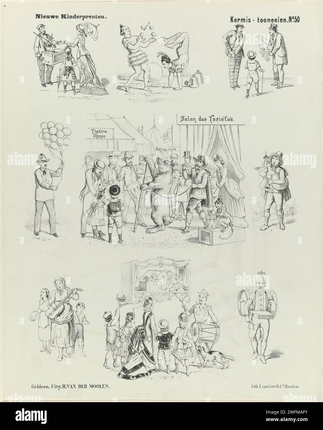 Kermis -Tooneelen, 1838 - 1892 imprimer feuille avec 9 scènes de foire, y compris des représentations d'acrobates, d'un joueur de cornemuse et d'un théâtre de marionnettes. Numéroté en haut à droite : n° 50. Editeur : Geldernprinter : Haarlem Paper Letterpress printing Circus. acrobat  cirque. Cornemuse, musette - CC - hors portes. spectacle de marionnettes et marionnettes Banque D'Images