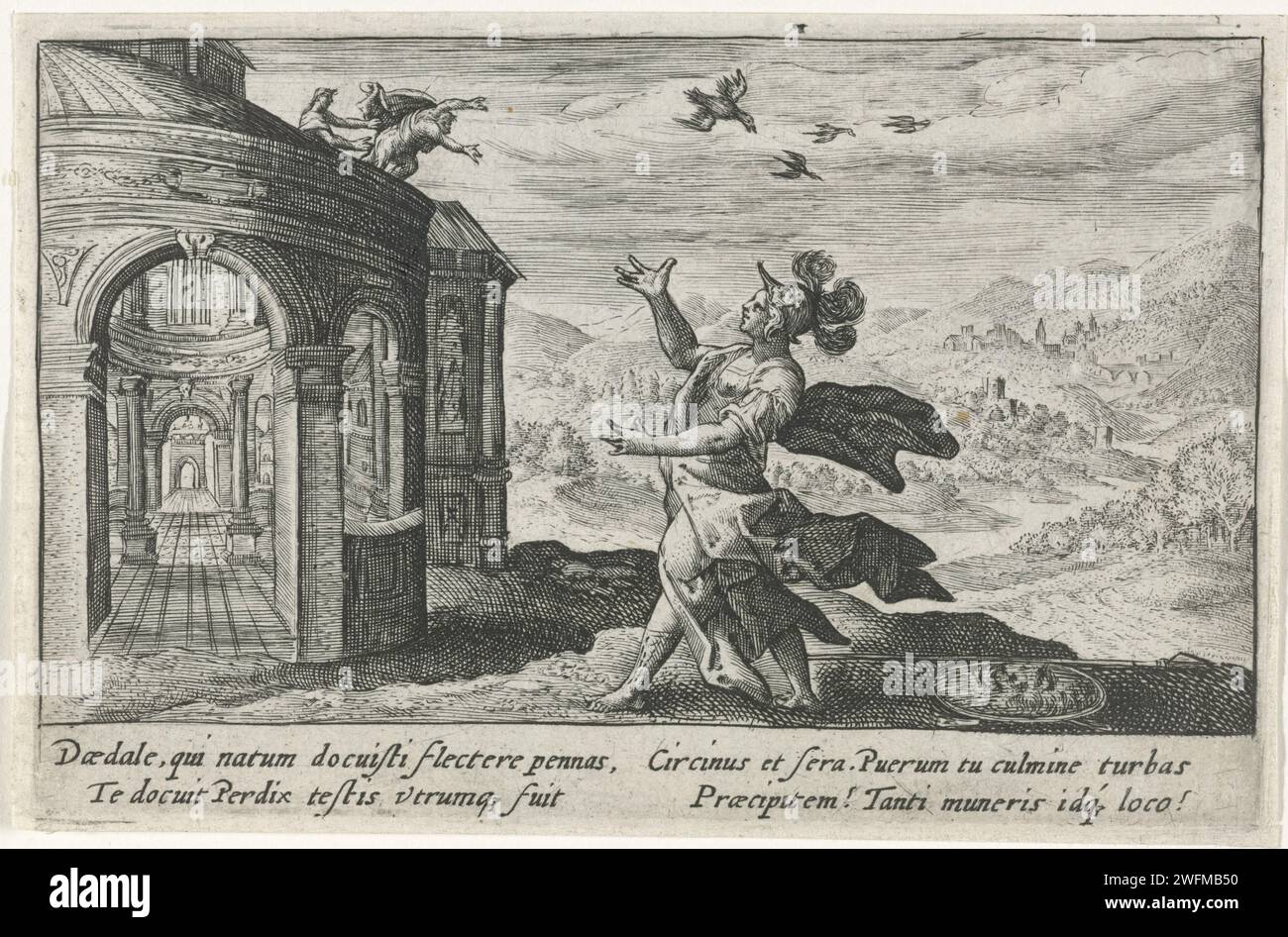 Minerva transforme Perdix en oiseau, Crispijn van de passe (I), 1602 - 1607 print Daedalus est jaloux de Perdix et le pousse du temple de Minerve. Minerva intervient et transforme Perdix en perdrix. Dans la marge, une légende de quatre lignes, en deux colonnes, en latin. Gravure sur papier de Cologne Perdix changé en perdrix : lorsque Perdix (Talus) est jeté de l'Acropole par l'envieux Daedalus, Minerve le transforme en perdrix (Ovide, Métamorphoses VIII 250) Banque D'Images
