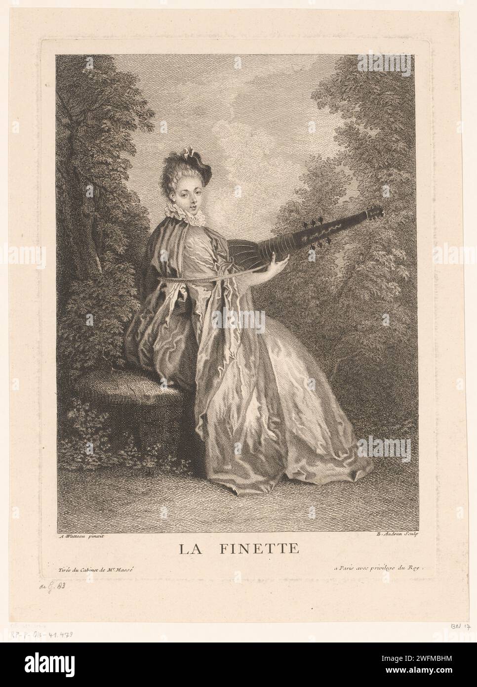 Portrait d'un joueur de luth, Benoît Audran (II), d'après Jean Antoine Watteau, 1708 - 1772 tirage papier Paris gravure d'une personne avec un instrument de musique, ne jouant pas - CC - hors des portes. Luth, et formes spéciales de luth, par exemple : theorbo - CC - out of doors. personnages historiques Banque D'Images