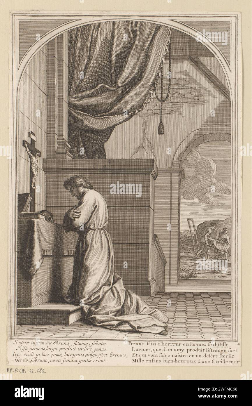 Heilige Bruno à Gebed, François Chauveau, d'après Eustache Lesueur, 1623 - 1676 imprimer Saint Bruno en prière, Raymond Diocrès est enterré en arrière-plan. Imprimeur : Parisafter peinture par : Pariséditor : ParisFrance gravure sur papier / gravure le fondateur de l'ordre des Chartreux, Bruno ; attributs possibles : croix, doigt sur les lèvres, lys, mitre à ses pieds, branche d'olivier, rayon de lumière, crâne, (sept) étoile(s). Dévotion personnelle de St. Bruno - saint mâle méditant, en ecstasy Banque D'Images