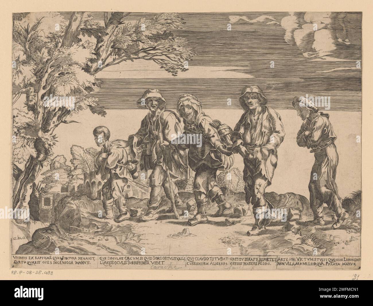 Groupe de mendiants dans le paysage, monogrammiste CLPAGI, c. 1600 - c. 1699 imprimer un groupe de cinq mendiants, dont un mendiant avec un enfant sur le dos, dans un paysage avec des ruines. Texte en latin en STUDMARGE. Italie papier gravure paysage avec ruines. mendiant Banque D'Images