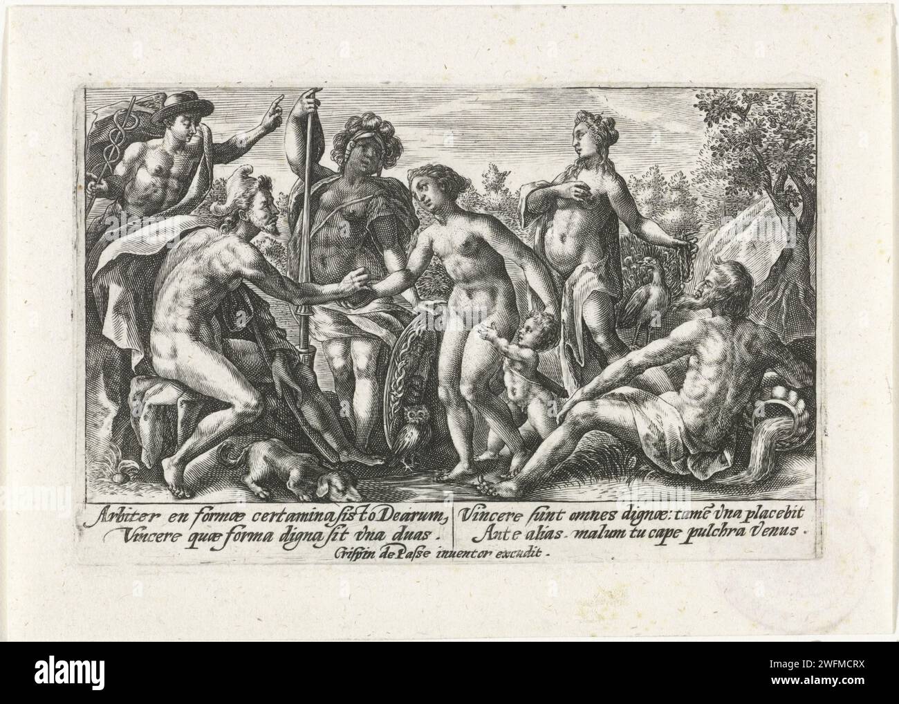 Jugement de Paris, Crispijn van de passe (I), 1602 - 1607 imprimer Paris doit juger les trois plus belles déesses de l'Olympe sur leur beauté : Junon (avec le paon), Vénus (accompagnée d'Amor) et Minerve (accompagnée d'un hibou). Paris donne la pomme d'or d'Eris à Vénus. Montres Mercury. Dans la marge, une légende de quatre lignes, en deux colonnes, en latin. Cologne papier gravure le jugement de Paris (Mercure présent) Banque D'Images