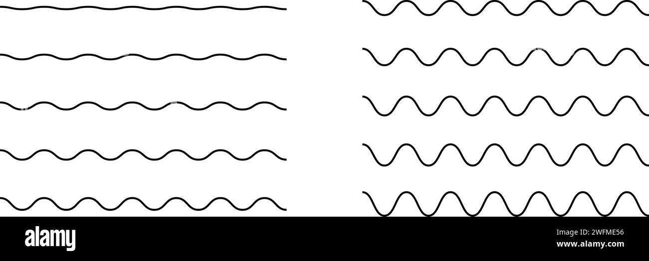 Ensemble de lignes ondulées horizontales. Bordures ondulées simples. Symboles sinus, eau, fluide, air ou vent isolés sur fond blanc. Panneaux de rivière, mer, lac ou océan. Illustration vectorielle. Illustration de Vecteur