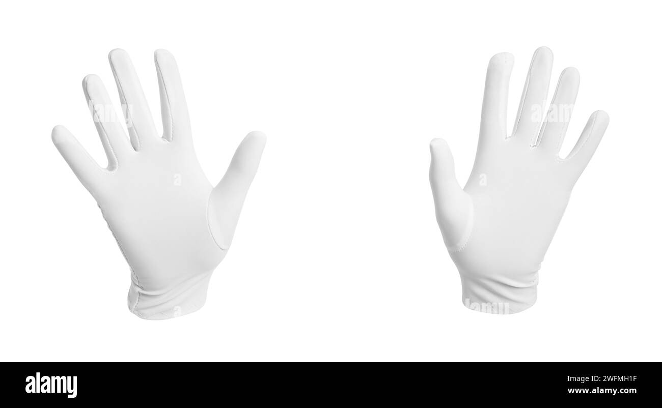 Magicien montrant ses mains sur fond blanc, gros plan Banque D'Images