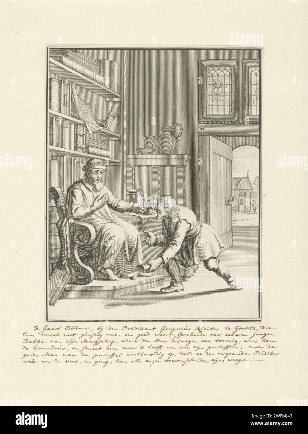 Jakob Böhme ramène la pantoufle de Richter, Joseph Mulder, d'après Jan Luyken, 1686 print Jakob Böhme ramène une pantoufle au pasteur Gregor Richter. Richter, qui accusait Böhme van Ketterij, lui avait jeté la pantoufle sur la tête. Amsterdam papier gravure / gravure chaussures, sandales (+ vêtements pour hommes). etude ; 'studiolo' ; bibliothèque. Prêtre (catholique romain) Banque D'Images