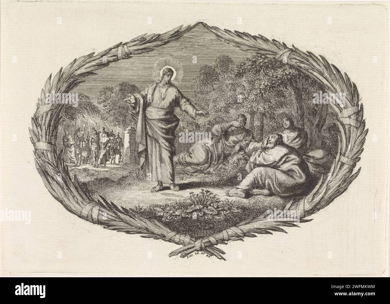 Christ réveille ses disciples endormis, Jan Luyken, 1700 imprimer Une performance dans un cartouche de branches de palmier. Christ dans la cour de Getsémane. Il réveille les trois étudiants endormis. Les soldats et Judas apparaissent en arrière-plan. Sous le cartouche la Bible référence Luc. 22:46. Amsterdam papier gravure Christ convoque les apôtres à rester éveillés et prier  jardin de Gethsémani. Le baiser de Judas : accompagné de soldats avec des torches et des lanternes, il embrasse Christ. ornement  cartouche Banque D'Images