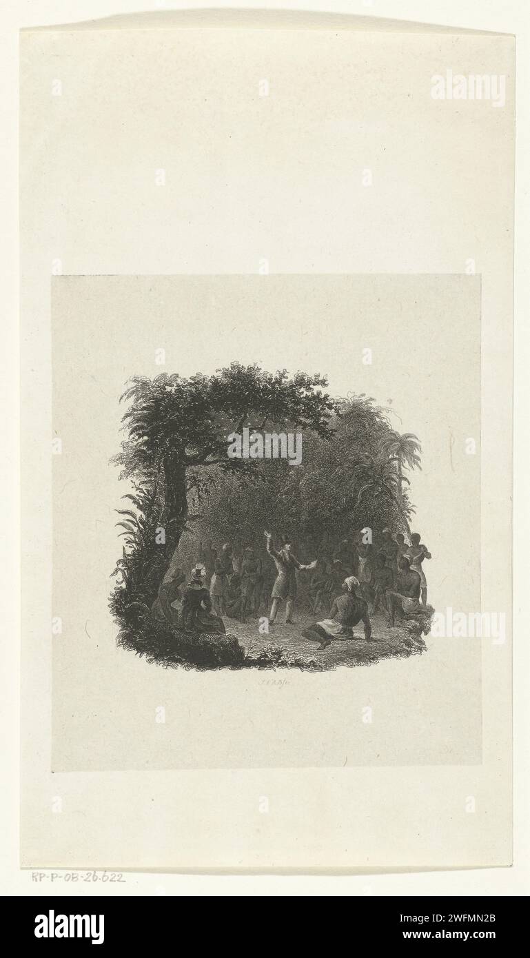 Edwin Bligh lit de la Bible aux Afro-Américains esclaves dans une forêt du Mississippi, Johannes Alexander Rudolf Best, c. 1836 - c. 1855 imprimer scène d'un livre dans lequel Edwin Bligh et sa sœur Lusy Bligh lisaient de la Bible dans un espace ouvert dans une forêt. Écoutez autour d'eux les afro-américains esclaves. Journal d'Amsterdam. gravure lecture à quelqu'un. esclavage ; serfs et esclaves. propriétaire de l'esclave  personne asservie. répandre l'évangile ; travail missionnaire Banque D'Images