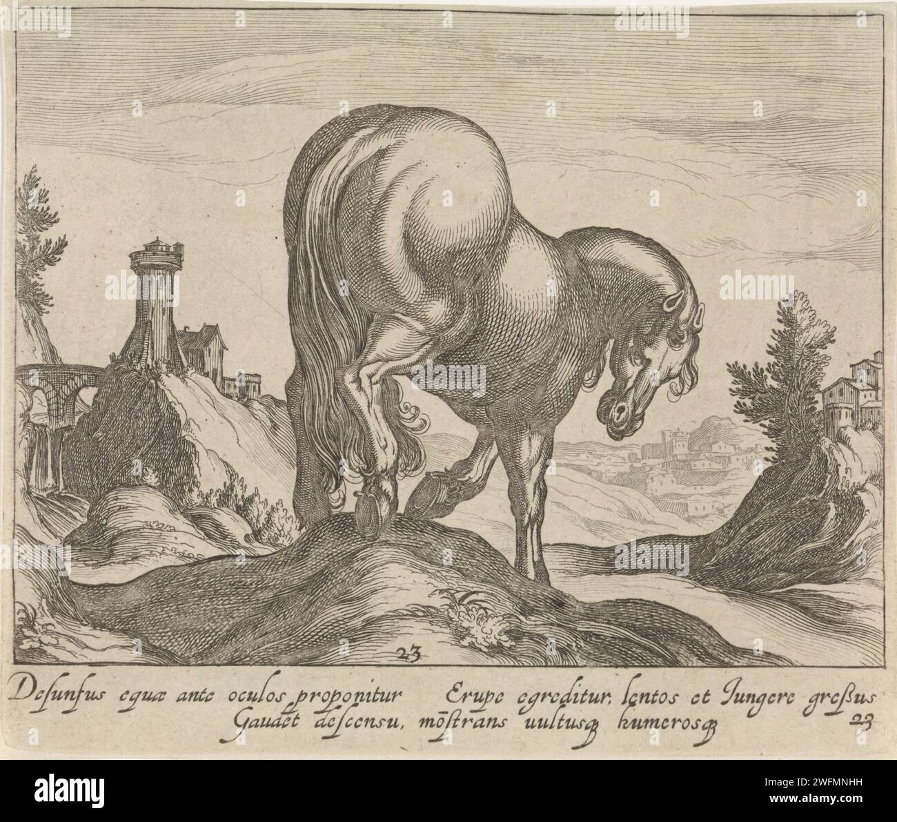 Paysage avec cheval, Egbert van Panderen, d'après Antonio Tempesta, c. 1590 - 1637 impression paysage vallonné avec un cheval sur une colline, utilisé à droite, vu sur le dos. Un aqueduc en arrière-plan. Dans la marge, une légende bidirectionnelle en latin. Imprimer à partir d'une série de trente avec des races de chevaux. Amsterdam papier gravure / gravure cheval Banque D'Images