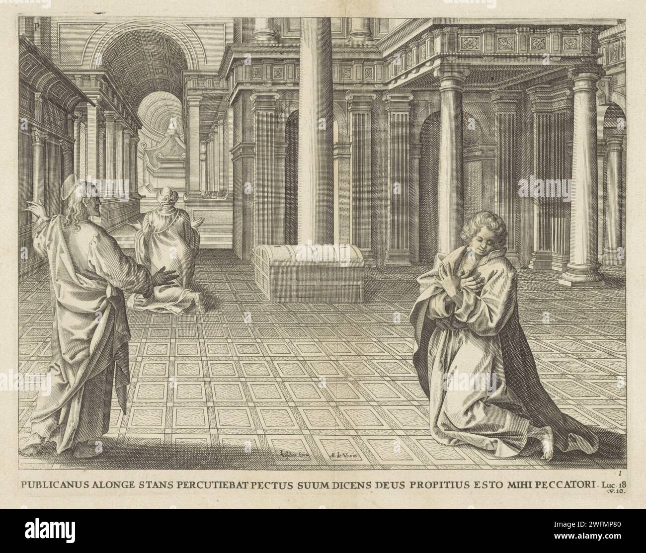 Similitude du Pharise et du Tollenaar, Anonyme, d'après Adriaen Collaert, d'après Lucas van Doetechum, d'après Joannes van Doetechum (I), d'après Maerten de vos, 1643 estampe Christ, debout à gauche, raconte la similitude du Pharise et du Tollenaar. A droite, le publicain s’agenouille dans le temple avec repentance et demande la grâce à Dieu. Dans l'autel en arrière-plan, le Pharise, qui remercie Dieu, prie pour qu'il ne soit pas comme le publicain. Sous le spectacle une référence en latin au texte de la Bible en Luc. 18:10. Amsterdam papier gravure le pharisien priant et le publicain repentant dans le temple (Luc 18 Banque D'Images
