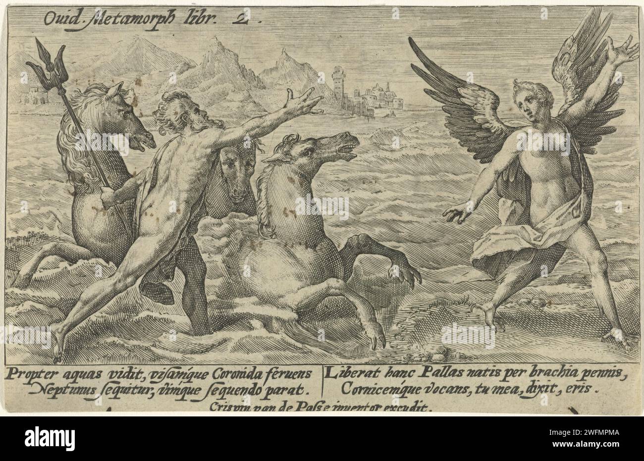 Neptunus atteint Coronis, Crispijn van de passe (I), 1602 - 1607 copie Neptunus atteint Coronis, la fille de Coroneus, qui était convoité par lui. Pour s'échapper, elle a appelé à l'aide des dieux, sur lesquels Minerve l'a transformée en corbeau. Dans la marge, une légende de quatre lignes, en deux colonnes, en latin. Gravure sur papier de Cologne Coronis transformé en corbeau : pour échapper à l'amour de Neptune, Coronis, fille de Coroneus, est transformé en corbeau par Minerve (Ovide, Métamorphoses II 569) Banque D'Images
