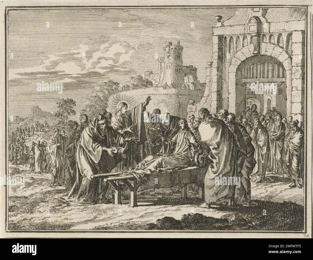 Christ éveille le fils de la veuve dans Naïn, Jan Luyken, 1712 print Amsterdam papier gravure Christ touche la bière du fils de la veuve de Nain : le jeune homme s'assied Banque D'Images