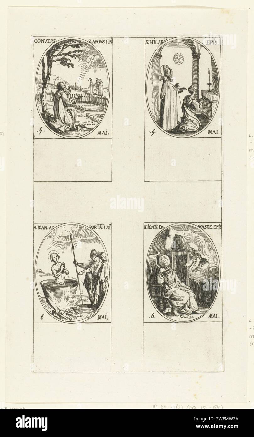 Saint Augustin d'Hippone, Saint hilaire d'Arles, Saint Johannes de Evangelist, Saint Johannes Damascenus (5-6 mai), Jacques Callot, 1632 - 1636 imprimer feuille avec quatre représentations ovales, chacune avec inscription et date en latin : en haut à gauche, Saint Augustin agenouillé dans un jardin, en haut à droite le Saint hilaire d'Arles debout derrière un jeune homme agenouillé avec un autel, en dessous du Saint Johannes l'évangéliste dans un pot sur Un feu est, en dessous du Saint Jean Damascenus dormant dans une chaise tandis que Marie (?) lui apparaît. Cette estampe fait partie d'une série d'estampes avec des représentations des saints A. Banque D'Images