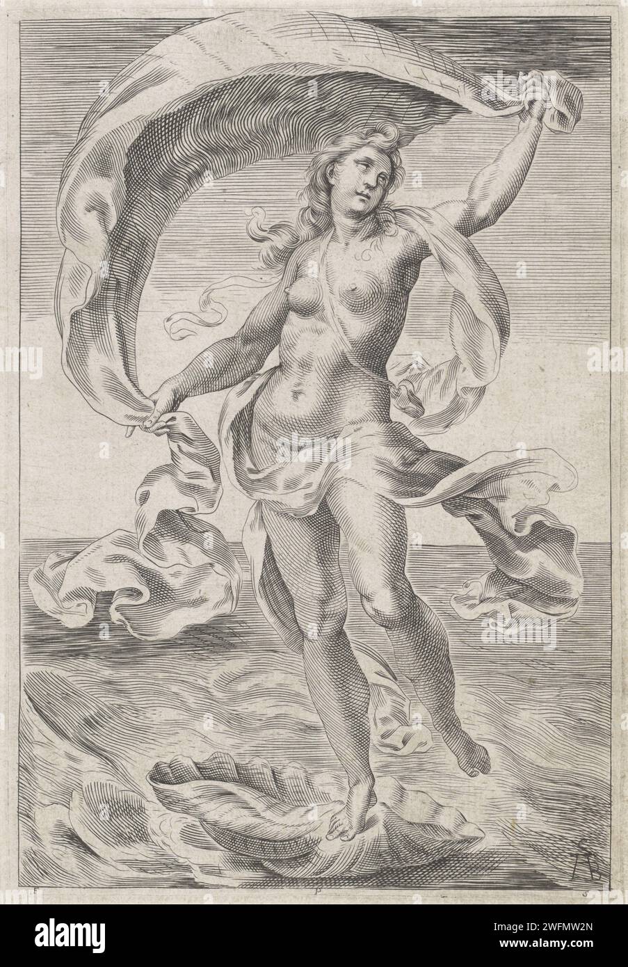 Vénus, Cherubino Alberti (peut-être), d'après Cherubino Alberti, 1563 - 1615 imprimer Vénus se tient sur sa coquille en mer et garde sa robe dans le vent pour qu'elle serve de voile. Italie papier gravé Vénus, debout sur une coquille, navigue avec son voile sur l'eau (alternativement elle monte sur un dauphin) : venus Marina Banque D'Images