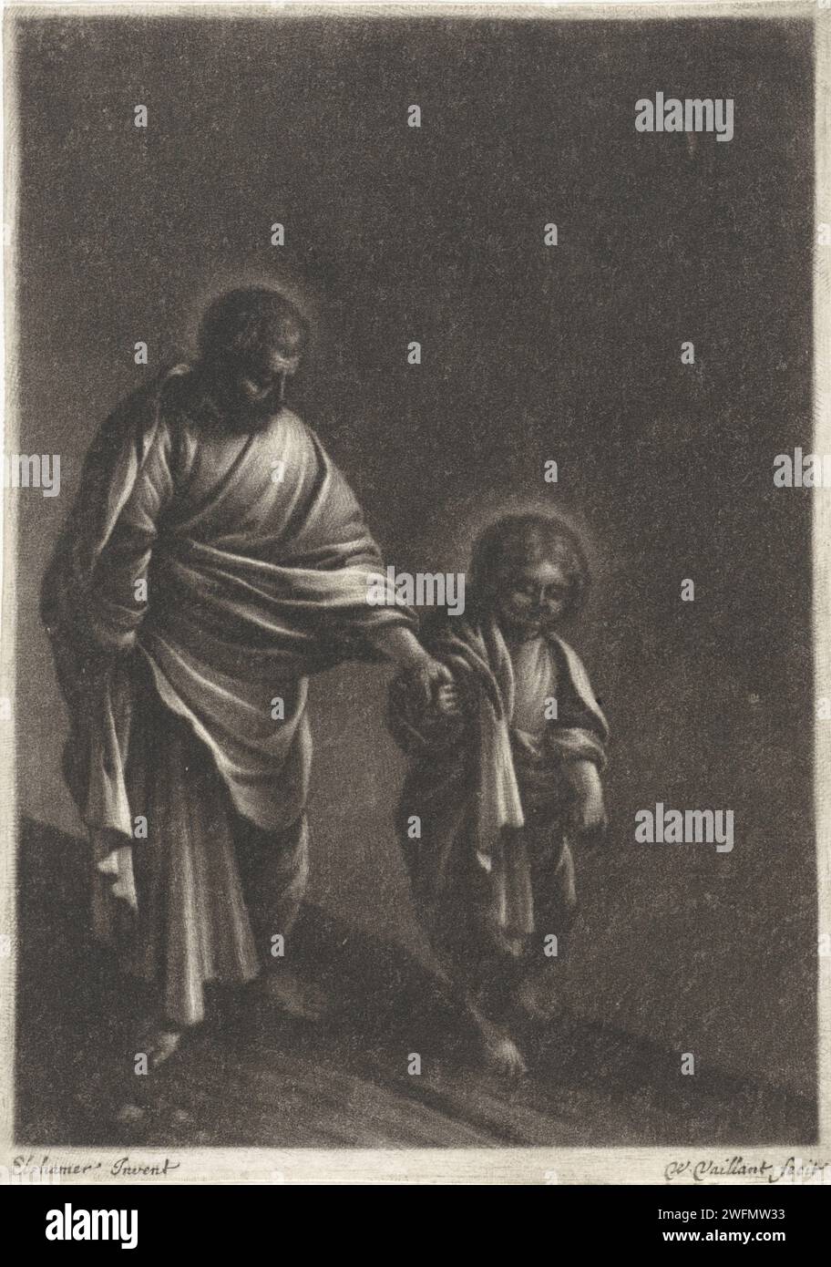 Saint Joseph avec le Christkind, Wallerant Vaillant, d'après Adam Elsheimer, 1658 - 1677 imprimer Joseph et le Christkind marchent sur une route au clair de lune. Papier Joseph et le Christ-enfant ~ la vie quotidienne à Nazareth. clair de lune Banque D'Images