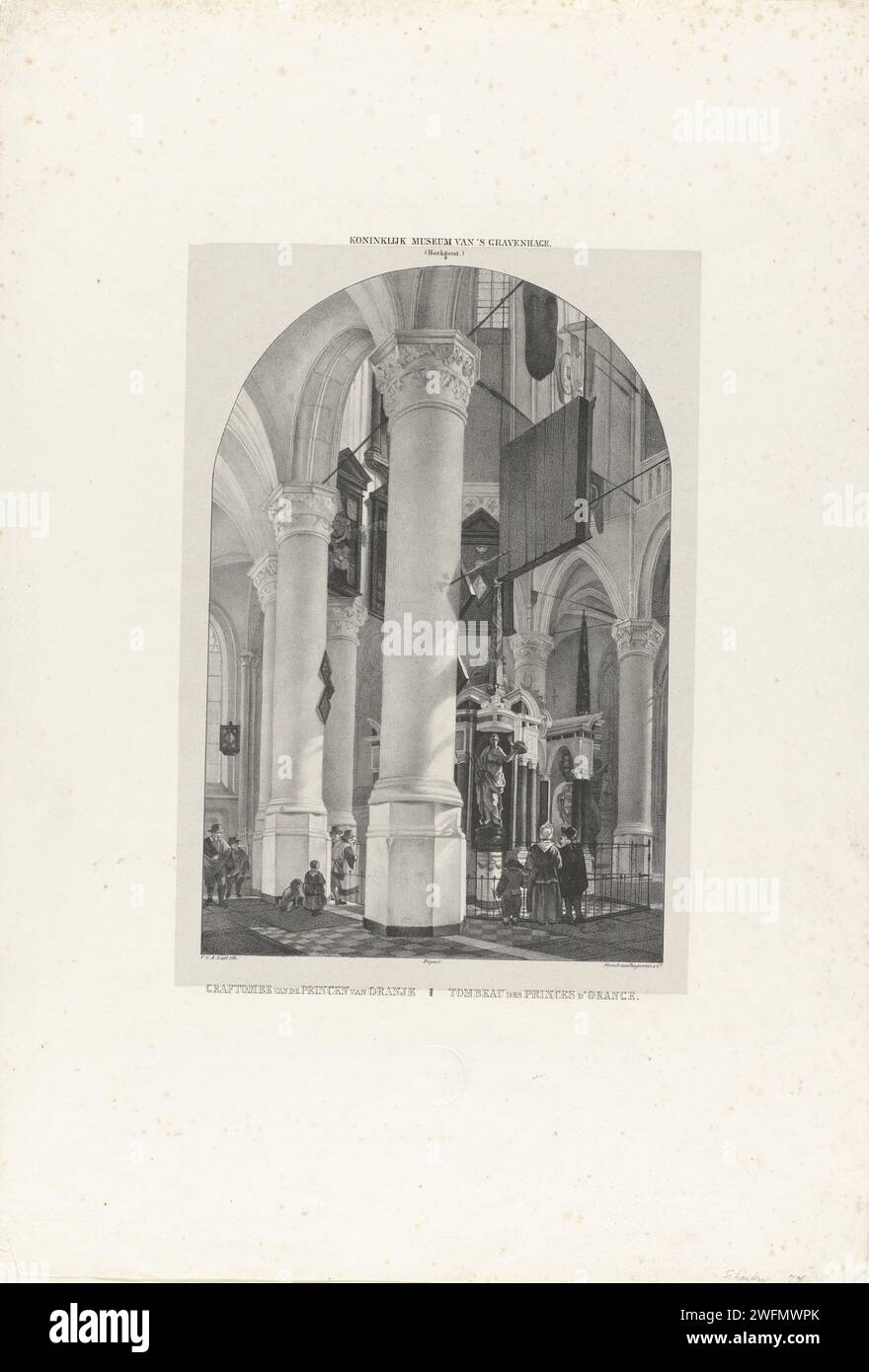 Graftombe de Willem I, Prince d'Orange, 1623, Carel Christiaan Antony dernier, d'après Gérard Houckgeest, 1827 - 1871 tirage Graftombe ou Praalgraf de Willem I dans la Nieuwe Kerk à Delft, achevé en 1623. Avec des visiteurs autour de la clôture. Dans la marge inférieure deux colonnes avec une règle de néerlandais et une ligne de texte française. Texte explicatif lâche dans le livre imprimé. Imprimeur : Netherlandsprinter : papier Amsterdam. construction de tombes, tombe monumentale. intérieur de l'église. Personnes historiques Nouvelle église. Delft Banque D'Images
