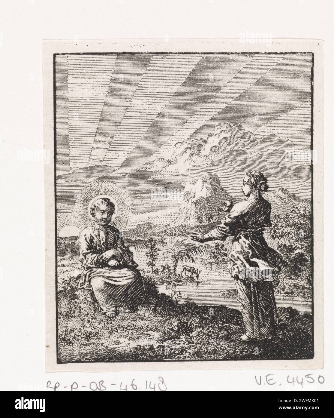 Christ et l'âme personnifiée voient le soleil levant, Jan Luyken, 1714 print Amsterdam paper graving Christ and the Soul. lever du soleil Banque D'Images