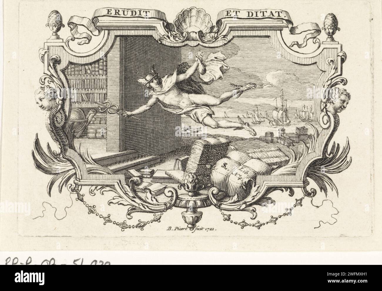 Mercure comme Dieu de l'apprentissage et du commerce, Bernard Picart, 1722 imprimer le Mercure volant, avec un sac d'argent à la main, comme protecteur de l'apprentissage et du commerce. A gauche une étude et à droite des navires en mer. Au-dessus de l'impression la devise : erudit et ditat (cuir et enrichi). Amsterdam papier gravure / gravure feuillage, vrilles, branches  ornement. scrollwork, strapwork  ornement. Aspects spécifiques, aspects allégoriques de Mercure ; Mercure comme patron Banque D'Images