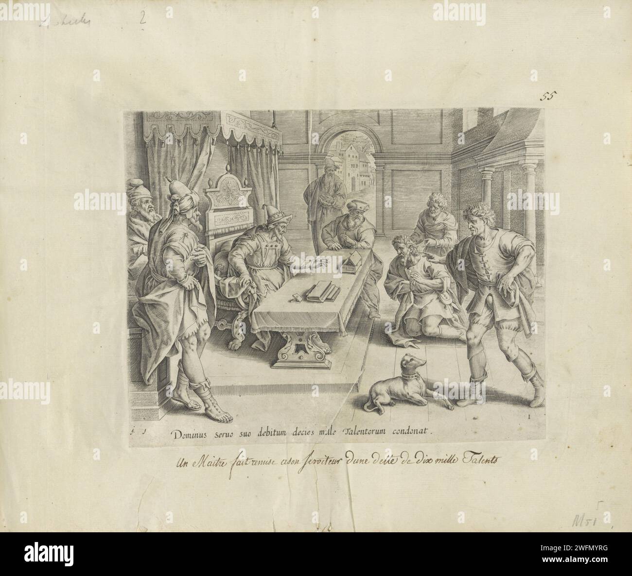 Roi Escaut le serviteur non marqué ses dettes, anonyme, 1585 imprimer Un serviteur s'agenouille pour son roi et le supplie d'être patient avec lui, de sorte qu'il a encore un peu de temps pour payer sa faute de dix mille talents. Deux créanciers pointent l'homme. Le roi, assis derrière une table, a pitié et lui reproche sa faute. Sous la performance une référence en latin au texte de la Bible. Papier anversois gravant le serviteur impitoyable : le roi lui pardonne ses dettes  parabole du Christ (Matthieu 18:23-35) Banque D'Images