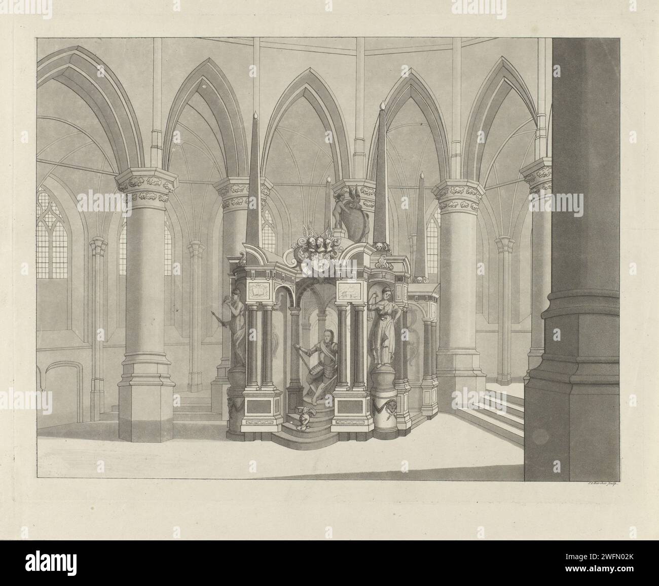 Graftombe de Willem Ier, Prince d'Orange, 1623, Johannes Cornelis Zürcher, c. 1809 - 1853 gravure Graftombe ou Praalgraf de Willem Ier dans la Nieuwe Kerk à Delft, achevée en 1623. Vu de face avec l'image du prince assis. Gravure du nord des pays-Bas : tombe, tombe monumentale. intérieur de l'église. Personnes historiques Nouvelle église. Delft Banque D'Images