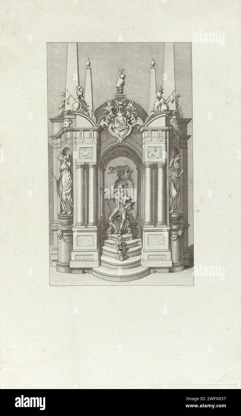Graftombe de Willem Ier, Prince d'Orange, 1623, Reinier Vinkeles (I), après que Jacobus ait acheté, c. 1794 estampe Graftombe ou Praalgraf de Willem I dans la Nieuwe Kerk à Delft, achevée en 1623. Vu de face avec l'image du prince assis. Gravure de papier Amsterdam tombe-bâtiment, tombe monumentale. intérieur de l'église. Personnes historiques Nouvelle église. Delft Banque D'Images