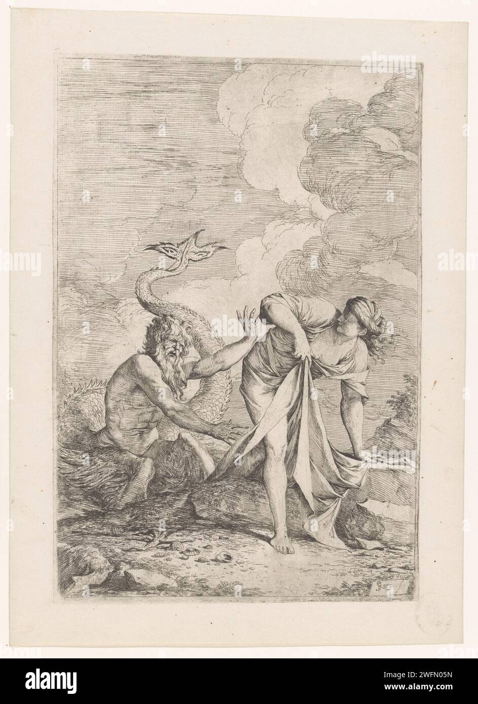 Vol de Scylla à Glaucus, Salvator Rosa, c. 1661 imprimer le Zeenimf Scylla fuyant glaucus qui lui tend les bras sur la gauche avec barbe et queue de poisson sinueuse. Glaucus était un pêcheur qui s'est transformé en centaure marin après avoir mangé des herbes magiques et est tombé amoureux de Scylla. Italie gravure de papier / Drypoint Scylla fuyant glaucus Banque D'Images