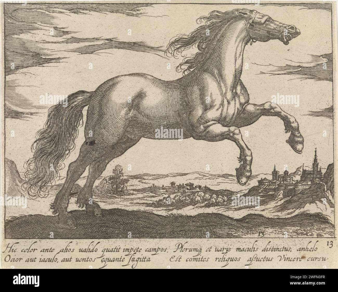 Paysage avec cheval galopant, Egbert van Panderen, d'après Antonio Tempesta, c. 1590 - 1637 impression paysage vallonné avec cheval galopant, utilisé à droite. Dans la marge, une légende bidirectionnelle en latin. Imprimer à partir d'une série de trente avec des races de chevaux. Amsterdam papier gravure / gravure cheval Banque D'Images