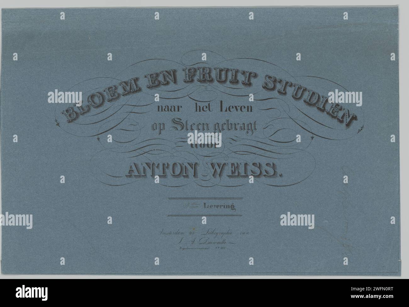 Couverture avec deux séries de fleurs et de fruits, Anton Weiss, 1820 - 1833 couverture imprimée avec deux séries incomplètes de lithographies de fleurs et de fruits et épreuves de celles-ci. Une série contient les numéros 2 à 36, les numéros 1, 4 et 31 sont manquants. Une série contient les numéros 1 à 36, les numéros 3, 6, 7, 9, 10 et 27 manquent, le numéro 17 existe en deux variantes. En outre, il y a des tests des nombres 1, 2, 3 (deux fois), 4, 7 à 10, 12 et 27 et un morceau de fruit qui n'appartient probablement pas à la série. Au total, ce sont soixante-seize lithographies. Fleurs en papier Amsterdam. fruits Banque D'Images
