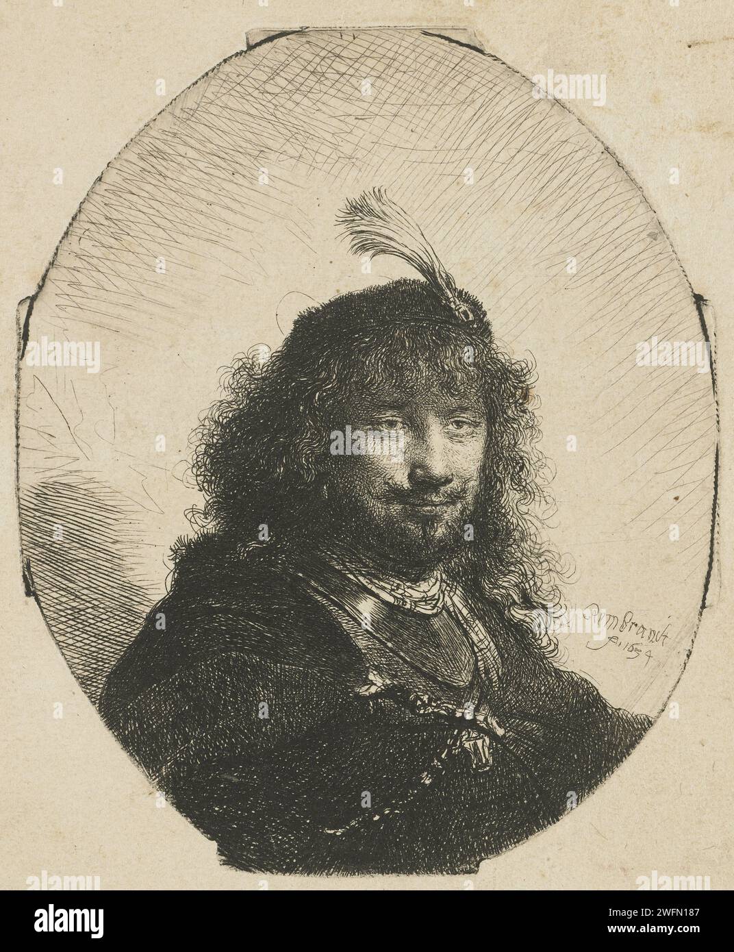 Autoportrait (?) Avec Plumed Cap, Rembrandt van Rijn, gravure sur papier imprimé 1634 Banque D'Images