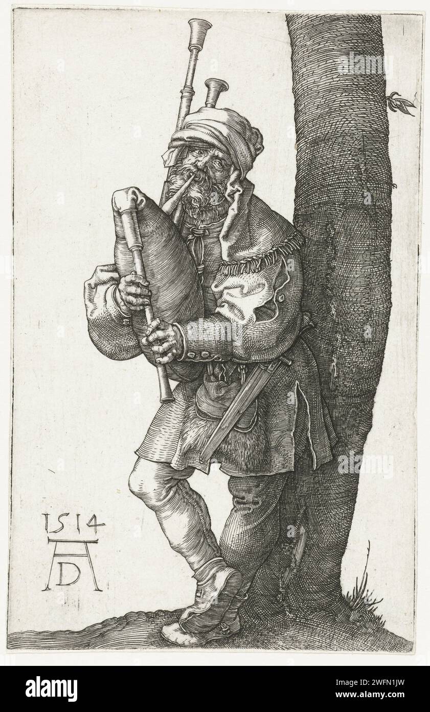 Le joueur de cornemuse, Albrecht Dürer, 1514 print Un homme joue de la cornemuse, appuyé contre un arbre. Nuremberg gravure papier cornemuse, musette. une personne jouant d'un instrument à vent Banque D'Images