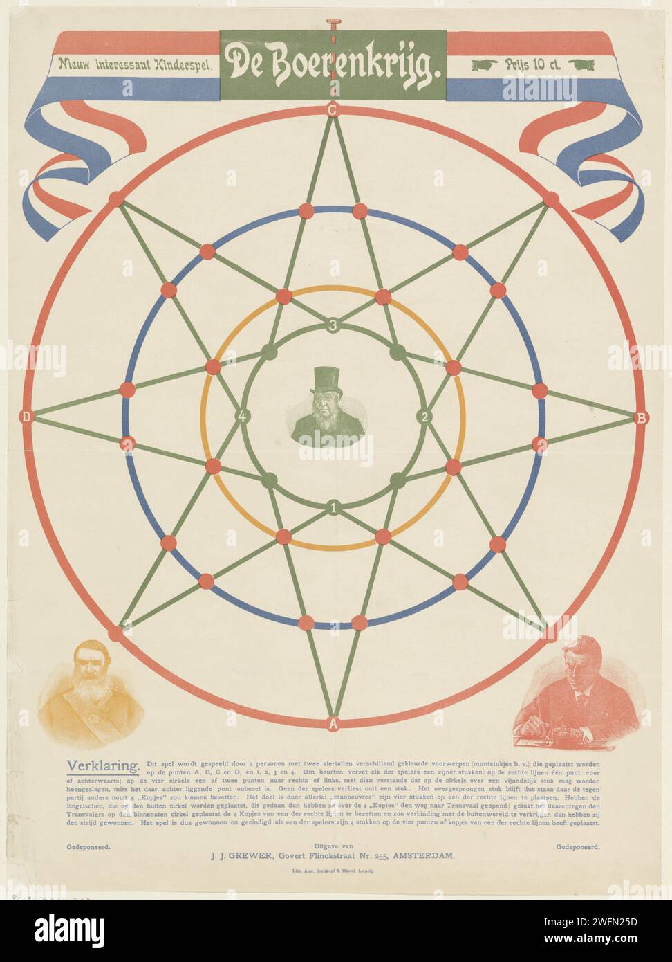 Nouveau jeu d'enfant intéressant. De Boerenkrijg, 1900 copies. Jeu de bord de jeu avec le thème de la Seconde Guerre des Boers (1899-1902). Quatre cercles et une étoile. Points sur les points où l'étoile coupe les cercles. Au-dessus d'une banderole aux couleurs du drapeau néerlandais et le titre et le prix du jeu. Les règles dans la marge inférieure. Editeur : Amsterdamprinter : Leipzigafter design by : Schagen paper letterpress printing board-games. jeux de société de hasard Banque D'Images