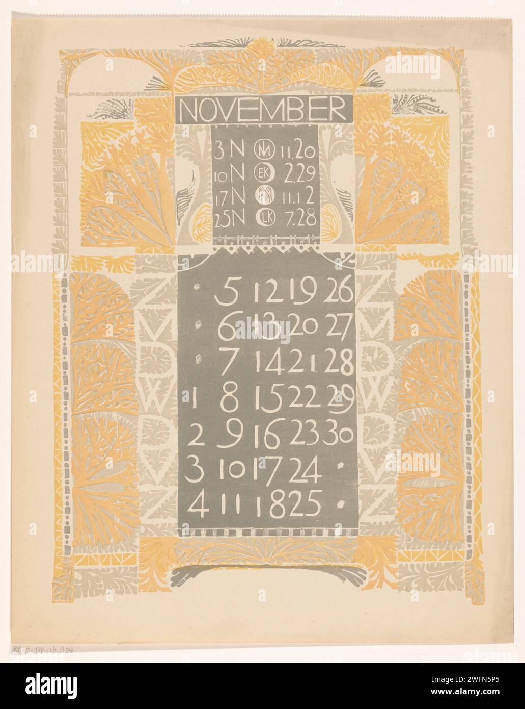 Kalenderblad novembre 1899, Carel Adolph Lion cachet, 1899 impression bord ornement avec des motifs végétaux. Amsterdam paper novembre  autres concepts. feuillage, vrilles, branches  ornement Banque D'Images