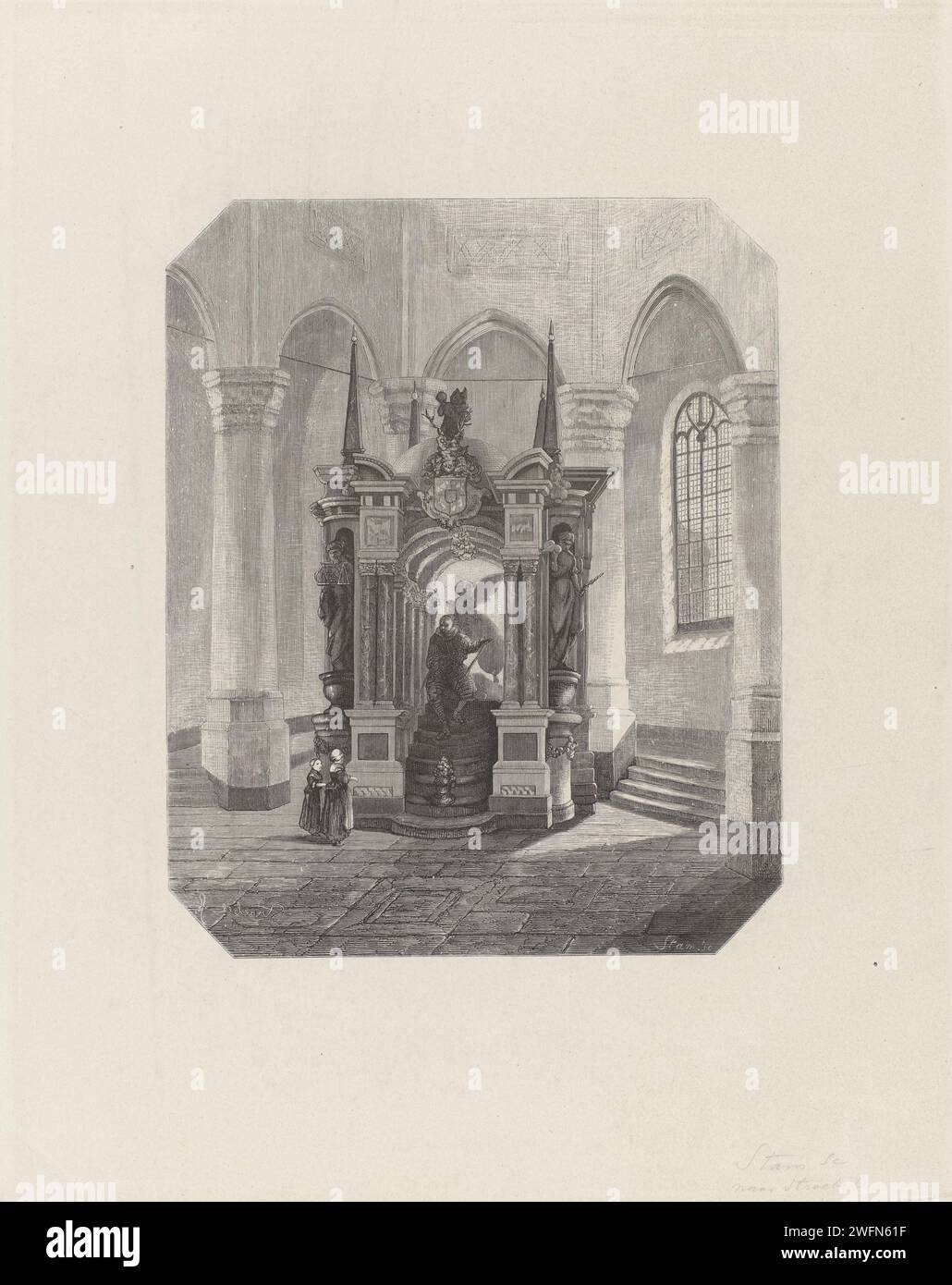 Graftombe de Willem Ier, Prince d'Orange, 1623, Willem Hendrik Stam, d'après Johannes Strebel, c. 1846 - 1873 estampe Graftombe ou Praalgraf de Willem I dans la Nieuwe Kerk à Delft, achevée en 1623. Vu de face avec l'image du prince assis. Bâtiment funéraire en papier des pays-Bas, tombe monumentale. intérieur de l'église. Personnes historiques Nouvelle église. Delft Banque D'Images