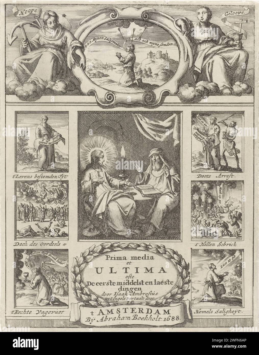 Christ et Nicodème, Jan Luyken, 1688 imprimer Christ parle avec Nicodème à la lueur des bougies. À gauche et à droite de cette performance centrale, six scènes plus petites avec des références à des versets de la Bible, avec des légendes. Au sommet, l’espérance et la foi encadrent un cartouche à l’image d’un homme agenouillé en prière. Le papier d'Amsterdam entaillant Christ parlant avec Nicodème la nuit (Jean 3:1-21). une personne priant. Fides (foi) comme personnification romaine. Espoir, 'Spes' ; 'Speranza divina e certa' (Ripa)  l'une des trois vertus théologiques Banque D'Images