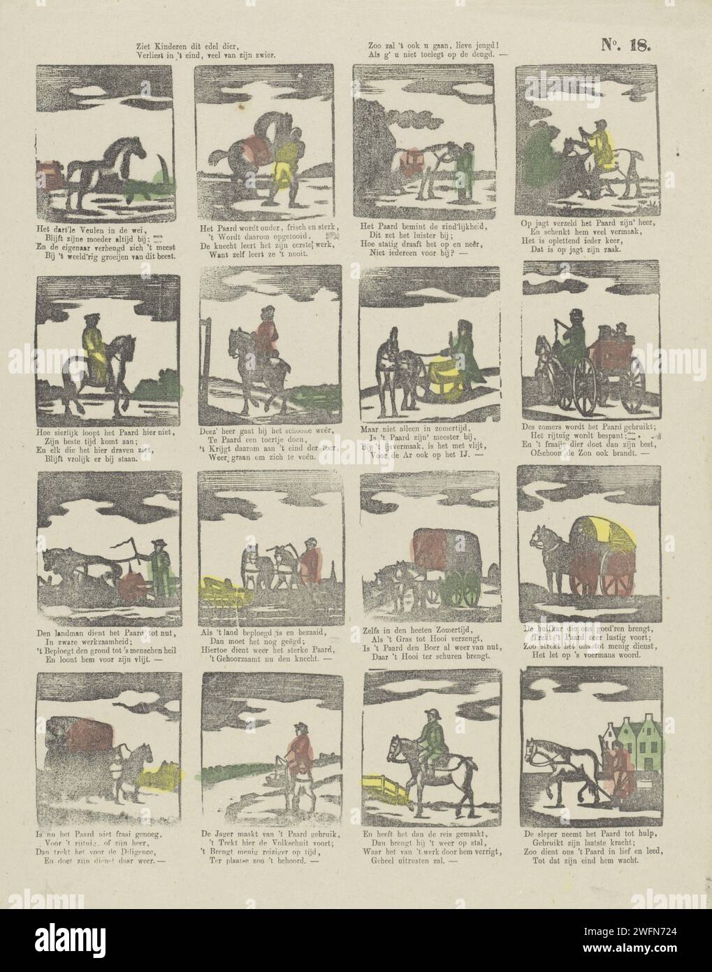 Voyez les enfants ! Ce noble animal,/ perd à la fin, une grande partie de son espion. / Zoo vous ira, Oh chère jeunesse! / Si vous ne vous concentrez pas sur Deugd, 1850 - 1870 imprimer feuille avec 16 représentations des différentes activités d'un cheval. Un verset de quatre lignes sous chaque spectacle. Numéroté en haut à droite : n° 18. Imprimeur : Netherlandspublisher : Amsterdampublisher : Amsterdam Paper Letterpress Printing Horse. véhicule à quatre roues, tiré par des animaux, p.ex. cabine, voiture, autocar. véhicule à deux roues tiré par un animal Banque D'Images