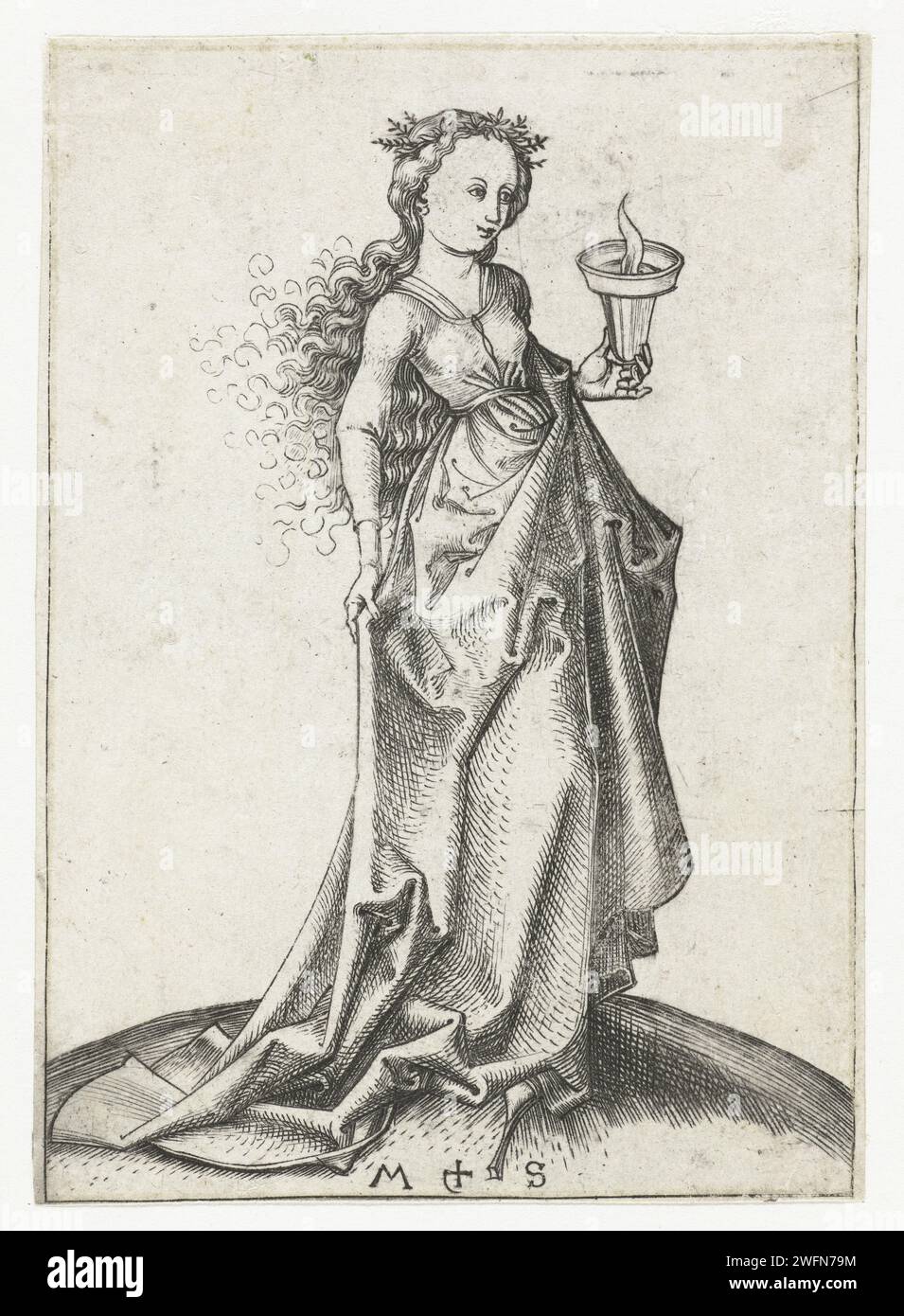La deuxième Vierge sage, Martin Schongauer, c. 1470 - 1491 imprime une des cinq vierges sages de la parabole biblique, une lampe à huile brûlante en main, avec l'autre main un pli de sa jupe. Cette estampe fait partie d'une série de dix estampes, cinq avec des vierges sages et cinq avec des vierges folles. Allemagne gravure papier représentation de vierge(s) sage Banque D'Images